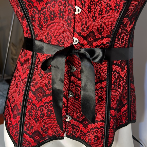 ADORE ME Scarlett Burlesque Strapless Red|Black Satin Lace Up Corset & Garters - Picture 8 of 15